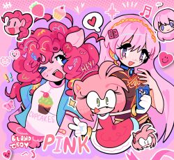 Rule 34 | !, 3girls, amy rose, blandboyx, blue eyes, bug, butterfly, cellphone, collared shirt, crossover, curly hair, dress, english text, food, fruit, gloves, green eyes, hair ornament, hairband, headset, heart, hedgehog, highres, holding, holding phone, insect, iphone, long hair, megurine luka, midriff, multiple girls, musical note, my little pony, one eye closed, open mouth, phone, pink fur, pink hair, pinkie pie, pony (animal), purple eyes, selfie, shirt, short sleeves, sleeveless, sleeveless dress, smartphone, smile, sonic (series), strawberry, taking picture, upper body, vocaloid, white gloves