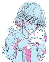 Rule 34 | 1girl, biting, blush, bracelet, braid, commentary request, earrings, flower, hair between eyes, hair flower, hair ornament, highres, jewelry, limited palette, original, short hair, short sleeves, simple background, solo, stuffed animal, stuffed toy, teeth, upper body, white background, yokoyari mengo