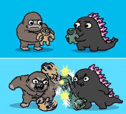 4boys abuse angry aqua_background artist_request attack blue_background crossover father_and_son fighting giant giant_monster godzilla godzilla_(monsterverse) godzilla_(series) godzilla_evolved godzilla_x_kong:_the_new_empire gorilla highres kaiju king_kong king_kong_(series) legendary_pictures living_weapon looking_at_another minilla monster monsterverse motion_lines multiple_boys no_humans restrained serious shaded_face son_of_godzilla spikes suko_(monsterverse) toho toon_(style) violence