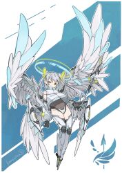 1girl absurdres angel angel_wings armored_boots arms_at_sides black_gloves black_leotard black_thighhighs blue_background blue_halo blue_wings boots bright_pupils commentary covered_navel detached_sleeves elbow_gloves feathered_wings full_body gloves green_eyes green_halo grey_hair grey_wings halo highres komerina oversized_wings leotard looking_at_viewer multiple_wings original polearm shirt sidelocks simple_background sleeveless sleeveless_shirt smile solo thighhighs twintails weapon white_background white_shirt wings