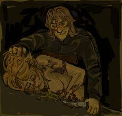 1boy 1girl against_table attack bags_under_eyes black_eyes blonde_hair blood blood_on_arm blood_on_face blood_on_hands blood_splatter bloody_tears bloody_weapon breasts closed_eyes clothed_male_nude_female crazy_grin crying ero_guro exposed_muscle grabbing_another&#039;s_hair guro hetero highres holding holding_knife injury knife long_hair looking_at_another medium_hair nekromaxxing nude original vomit weapon