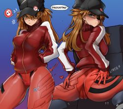 1girl anger_vein ass black_hat blue_background blue_eyes bodysuit braid breasts brown_hair cameltoe english_text evangelion:_3.0_you_can_(not)_redo eyepatch hands_in_pockets hat highres jacket lewdrover mecha_pilot_suit medium_breasts multiple_views neon_genesis_evangelion notice_lines plugsuit_(evangelion) presenting rebuild_of_evangelion red_bodysuit red_jacket single_braid souryuu_asuka_langley speech_bubble spoken_skull spread_ass track_jacket turtleneck turtleneck_jacket
