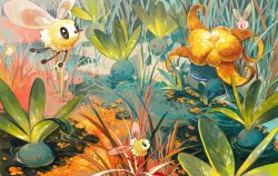 absurdres alternate_color amehatobook arm_support closed_eyes closed_mouth commentary cutiefly day flower gen_1_pokemon gen_7_pokemon gloom_(pokemon) grass highres nintendo no_humans oddish orange_flower outdoors parted_lips partially_submerged pokemon pokemon_(creature) pond ripples shiny_pokemon sitting smile symbol-only_commentary tall_grass water