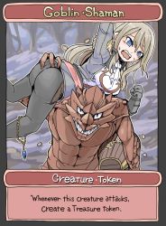 1boy 1girl angry ascot ass ass_grab black_legwear blue_eyes card_(medium) carrying carrying_over_shoulder carrying_person coin english_text goblin_shaman gold_coin highres jewelry magic:_the_gathering monster necklace satsuki_(itome) thalia_guardian_of_thraben treasure_chest white_neckwear