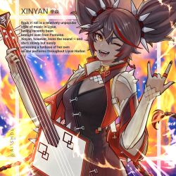 1girl absurdres ai_shou artist_name black_nails character_name commentary dark-skinned_female dark_skin english_commentary genshin_impact guitar highres holding holding_guitar holding_instrument instrument long_hair mixed-language_commentary multicolored_hair one_eye_closed shoulder_spikes solo spikes streaked_hair twintails xinyan_(genshin_impact)