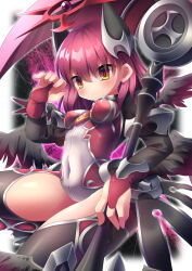 Rule 34 | 1girl, black wings, bodysuit, breasts, covered navel, emil chronicle online, hair ornament, highres, holding, holding scythe, medium breasts, mitama celes, navel, pink hair, scythe, thighs, wings, yellow eyes, yupi828