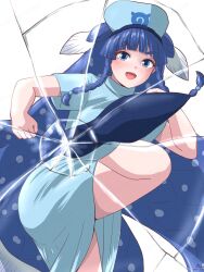 1girl blue_dress blue_hair blue_shoes blunt_bangs blush braid broken_glass coelacanth_(kemono_friends) cowboy_shot dress fins fish_girl fish_tail glass hat head_fins high_collar high_heels highres japari_symbol kemono_friends kemono_friends_3 kicking long_hair looking_at_viewer mukouyama_mu multicolored_hair nurse nurse_cap official_alternate_costume open_mouth pov shoes short_sleeves side_braid sidelocks smile solo standing standing_on_one_leg tail white_hair