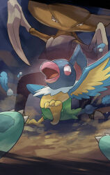 Rule 34 | beak, blue feathers, chatot, feathered wings, feathers, gen 1 pokemon, gen 4 pokemon, highres, kabutops, nintendo, no humans, open mouth, pokemon, pokemon (creature), pokemon mystery dungeon, talons, wings, yamaori (hakkentai pokedan), yellow feathers