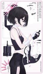 14yuruis 1girl absurdres bandaged_arm bandaged_neck bandages black_tank_top blue_archive brown_hair bullet disassembly ear_piercing earrings from_side gun halo handgun highres jewelry misaki_(blue_archive) navel pants piercing pink_eyes pink_halo revolver ruger_lcr short_hair solo tank_top weapon white_background