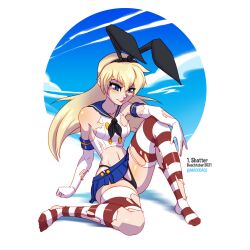 1girl 2021 arm_rest arm_support artist_name bare_shoulders black_hairband black_panties blonde_hair blue_eyes blue_skirt blue_sky character_name clenched_hand closed_mouth cloud collarbone commentary day elbow_gloves english_commentary female_focus full_body gloves hairband highleg highleg_panties highres kantai_collection leg_up lips macodace microskirt midriff navel open_hand panties pleated_skirt red_trim rensouhou-chan sailor_collar school_uniform shimakaze_(kancolle) shiny_skin shirt skirt sky smile solo striped_clothes striped_thighhighs thighhighs thighs torn_clothes underwear white_gloves white_shirt white_thighhighs