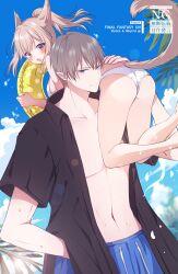 1boy 1girl absurdres animal_ears ayamisiro black_eyes black_shirt blue_swim_trunks brown_hair carrying carrying_over_shoulder carrying_person cat_ears cat_girl cat_tail copyright_name elezen elf final_fantasy final_fantasy_xiv highres holding holding_swim_ring innertube male_swimwear miqo&#039;te navel open_clothes open_shirt pointy_ears ponytail red_eyes shirt skirt swim_ring swim_trunks tail warrior_of_light_(ff14) white_skirt