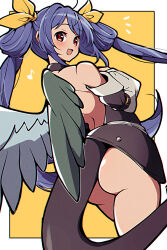 1girl angel_wings ass back bare_shoulders belt blue_hair blush border detached_sleeves dizzy_(guilty_gear) from_behind guilty_gear guilty_gear_x guilty_gear_xx hair_ribbon hair_rings highres itsuka_neru long_hair long_sleeves looking_at_viewer looking_back monster_girl open_mouth puffy_long_sleeves puffy_sleeves red_eyes ribbon solo tail thick_thighs thighs twintails white_border wings yellow_background yellow_ribbon