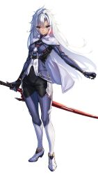 1girl a_(xenoblade) absurdres armor blue_eyes earrings full_body hakusai_(hksicabb) highres holding holding_sword holding_weapon jewelry long_hair looking_at_viewer single_earring smile solo sword weapon white_background white_hair xenoblade_chronicles_(series) xenoblade_chronicles_3 xenoblade_chronicles_3:_future_redeemed