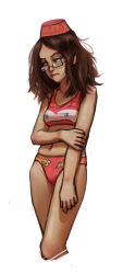 1girl andrew_y bikini bikini_print breasts brown_eyes brown_hair cars_(movie) dark-skinned_female dark_skin embarrassed fez_hat glasses hand_on_own_arm knees medium_hair messy_hair original rectangular_eyewear semi-rimless_eyewear shefika_(usergore) simple_background small_breasts swimsuit white_background