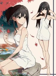 Rule 34 | 1girl, armpits, artist request, autumn leaves, barefoot, black hair, breasts, clenched hands, collarbone, expressionless, eyelashes, feet, feet in water, female focus, fingernails, full body, green eyes, hair between eyes, hair bun, hand on own thigh, hand up, hands up, highres, holding, holding leaf, idolmaster, idolmaster cinderella girls, jewelry, leaf, legs, legs together, light blush, light smile, long hair, looking at viewer, looking back, looking to the side, medium breasts, multiple views, naked towel, namco, neck, necklace, onsen, outdoors, parted lips, shibuya rin, sidelocks, sitting, skinny, straight hair, thighs, toenails, toes, towel, turning head, unworn jewelry, unworn necklace, water, water drop, wet