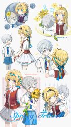 1boy 1girl alternate_costume avgust_(reverse:1999) blonde_hair blue_eyes blue_necktie blue_shorts braid braided_bangs carrying carrying_person child closed_eyes collared_shirt cowboy_shot cropped_legs cropped_torso fishbowl_helmet flower grey_eyes grey_hair highres holding holding_flower kiperina long_hair low_ponytail miniskirt necktie piggyback ponytail red_vest reverse:1999 seventeen_meimi shirt short_hair short_sleeves shorts skirt sunflower upper_body vest white_background white_shirt white_skirt yellow_flower