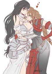 2girls aerith_gainsborough aerith_gainsborough_(rosy_battle_suit) arm_around_waist belt black_hair braid braided_ponytail breasts brown_eyes brown_hair cleavage final_fantasy final_fantasy_vii final_fantasy_vii_ever_crisis green_eyes highres large_breasts leaning_on_person long_hair low-tied_long_hair multiple_girls nikuya_(nikuya888) o3o official_alternate_costume showgirl_skirt small_breasts tifa_lockhart