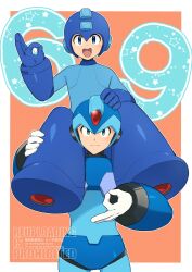 2boys armor blue_armor blue_eyes blue_helmet border carrying cowboy_shot forehead_jewel helmet highres in-franchise_crossover mega_man_(character) mega_man_(classic) mega_man_(series) mega_man_day mega_man_x_(series) multiple_boys number_pun orange_background shoulder_carry simple_background tobitori watermark white_border x_(mega_man)