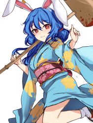 1girl alternate_costume ambiguous_red_liquid animal_ears blue_hair blue_kimono highres holding japanese_clothes kimono kine looking_at_viewer mallet medium_hair orchid_(orukido) parted_lips rabbit_ears rabbit_girl red_eyes sash seiran_(touhou) simple_background socks solo touhou white_background white_socks