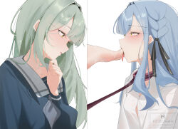 Rule 34 | 2girls, bang dream!, bang dream! it&#039;s mygo!!!!!, bdsm, black ribbon, blue hair, blue shirt, blush, collar, commentary, foot on another&#039;s face, green hair, hashtag-only commentary, highres, kebohan, leash, licking, licking foot, long hair, long sleeves, multiple girls, ribbon, saliva, school uniform, shirt, simple background, slave, toe sucking, togawa sakiko, tongue, tongue out, tsukinomori school uniform, wakaba mutsumi, watermark, white background, white shirt, yellow eyes, yuri