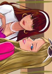 2girls alternate_costume bead_necklace beads blonde_hair blue_eyes brown_hair chloe_bourgeois derivative_work eyewear_on_head green_eyes hairband highres jacket jewelry korean_commentary lila_rossi long_hair miraculous_ladybug multiple_girls necklace parted_lips sideways siri_(siri2064) sunglasses white_hairband white_jacket
