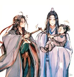 +++ 3boys ^_^ aged_down ahoge artist_name black_hair black_hanfu black_robe carrying carrying_person child chinese_clothes closed_eyes coat family grey_coat grey_eyes grey_robe hair_down hair_ribbon half_updo hanfu headband highres holding holding_sword holding_weapon korean_text lan_sizhui lan_wangji laughing long_hair long_sleeves looking_at_another male_focus modao_zushi multiple_boys official_alternate_costume official_alternate_hairstyle open_mouth ponytail red_ribbon red_sash ribbon robe sash simple_background smile standing sword to_dot weapon wei_wuxian wei_wuxian_(yiling_laozu) white_background white_hanfu white_headband white_robe wide_sleeves xiao_guan_(headdress) yaoi yellow_eyes