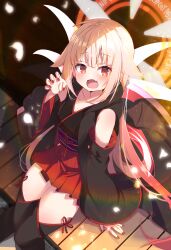 Rule 34 | 1girl, :d, absurdres, ahoge, bare shoulders, black kimono, black thighhighs, blonde hair, blush, breasts, claw pose, collarbone, commission, detached sleeves, fang, feet out of frame, fingernails, hair flaps, hakama, hakama short skirt, hakama skirt, hand up, highres, hood, hood down, japanese clothes, kimono, long hair, long sleeves, looking at viewer, nail polish, obi, open mouth, original, petals, pleated skirt, red eyes, red hair, red nails, red skirt, sash, shiro9jira, sitting, skeb commission, skin fang, skirt, sleeveless, sleeveless kimono, smile, solo, thighhighs, very long hair, wide sleeves, wings, zettai ryouiki