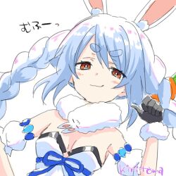 1girl animal_ear_fluff animal_ears bare_shoulders black_gloves black_leotard blue_hair blush braid breasts brown_eyes carrot_hair_ornament closed_mouth commentary_request detached_sleeves don-chan_(usada_pekora) dress food-themed_hair_ornament fur-trimmed_gloves fur_trim gloves hair_between_eyes hair_ornament hand_up highres hololive kiritoma leotard long_hair pointing pointing_at_self puffy_short_sleeves puffy_sleeves rabbit-shaped_pupils rabbit_ears short_eyebrows short_sleeves signature simple_background small_breasts smile solo strapless strapless_dress strapless_leotard symbol-shaped_pupils thick_eyebrows translation_request twin_braids twintails upper_body usada_pekora usada_pekora_(1st_costume) very_long_hair virtual_youtuber white_background white_dress white_sleeves