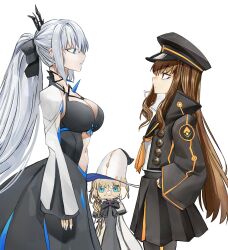3girls absurdres aesc_(fate) aesc_(rain_witch)_(fate) blue_eyes breasts brown_eyes brown_hair cleavage dress fate/grand_order fate_(series) glasses hat highres ishikawa_yui kishinami_hakuno_(female) kishinami_hakuno_(female)_(mooncancer) large_breasts long_hair long_sleeves morgan_le_fay_(fate) multiple_girls obazzotto round_eyewear voice_actor_connection witch_hat