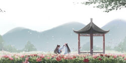 Rule 34 | 2boys, architecture, black hair, black hanfu, chinese clothes, east asian architecture, falling petals, field, flower, flower field, gazebo, hair ribbon, hanfu, headband, high ponytail, holding, holding flower, lan wangji, long hair, long sleeves, modao zushi, mountain, multiple boys, nature, outdoors, petals, pink flower, ponytail, red ribbon, ribbon, scenery, standing, topknot, tree, wei wuxian, white headband, wide shot, wide sleeves, xianduguaitan, xiao guan (headdress)
