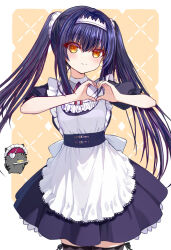 1girl apron black_dress black_hair black_thighhighs blush border closed_mouth commentary_request cowboy_shot dress eyelashes eyes_visible_through_hair floating_hair frilled_apron frills gensou_roukaku hair_between_eyes hands_up happy heart heart_hands highres kushima_kamome long_hair looking_at_viewer maid maid_apron maid_headdress neck_ribbon official_alternate_costume official_alternate_hairstyle orange_eyes outside_border puffy_short_sleeves puffy_sleeves red_ribbon ribbon short_sleeves sidelocks simple_background smile solo split_mouth straight_hair summer_pockets thighhighs twintails very_long_hair white_apron white_border yellow_background zettai_ryouiki