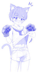 Rule 34 | 1boy, 1other, absurdres, androgynous, animal ear fluff, animal ears, animal hands, belt, blush, cat boy, cat ears, cat tail, clothes lift, concon01, cowboy shot, cropped legs, disembodied hand, gloves, hands up, highres, lifting another&#039;s clothes, male focus, monochrome, navel, neckerchief, original, paw gloves, sailor collar, shirt, shirt lift, short hair, shorts, simple background, sleeveless, sleeveless shirt, standing, stomach, sweat, tail, white background