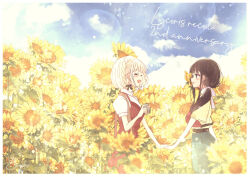 2girls arupaka5tuki black_hair blonde_hair blush braid closed_eyes commentary_request day dress english_text flower green_skirt hair_ribbon highres holding_hands inoue_takina lycoris_recoil multiple_girls nishikigi_chisato open_mouth outdoors parted_lips pinafore_dress pink_ribbon pleated_skirt purple_eyes red_dress ribbon shirt short_hair short_sleeves side_braid skirt sleeveless sleeveless_dress smile sunflower twintails white_shirt