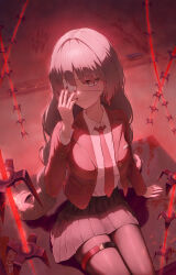 1girl absurdres alternate_costume black_pantyhose black_skirt blazer blood bloody_tears braid breasts closed_mouth collared_shirt commentary earrings eyepatch grey_eyes grey_hair hand_up highres jacket jewelry long_sleeves low_twin_braids medium_breasts nail_polish open_clothes open_jacket pantyhose phrolova_(wuthering_waves) red_jacket red_nails shirt sitting skirt solo thigh_strap toroe02 twin_braids white_shirt wuthering_waves