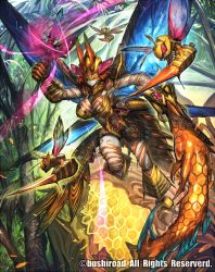 1girl armor armored_boots arthropod_girl boots breasts cardfight!!_vanguard cleavage colored_skin company_name dagger dazzling_mutant_deity_waspy_tail female_focus gloves grey_skin helmet insect_wings knife leaf melon22 official_art orange_hair pink_eyes short_hair solo tree wasp weapon wings