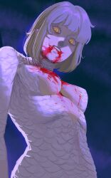 1girl blood blood_from_mouth breasts commentary drugsandsocks dungeon_meshi english_commentary eyelashes falin_touden falin_touden_(chimera) feathers from_below grey_hair highres large_breasts looking_at_viewer medium_hair monster_girl shaded_face smile solo white_feathers yellow_eyes