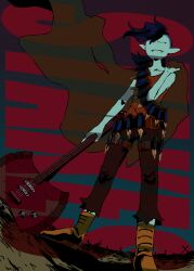 Rule 34 | 1girl, adventure time, ax bass, axe, axe guitar, black hair, colored skin, commentary, cross, fangs, guitar, highres, holding, holding axe, holding guitar, holding instrument, instrument, long hair, marceline abadeer, pointy ears, raya (uk 0128), solo, stake, vampire