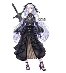 Rule 34 | 1girl, absurdres, artist name, black dress, breasts, closed mouth, drag-on dragoon, drag-on dragoon 3, dress, flower, flower over eye, full body, high heels, highres, k0himizu, large breasts, long hair, mechanical arms, nier (series), nier reincarnation, official alternate costume, prosthesis, prosthetic arm, red eyes, simple background, single mechanical arm, solo, standing, sword, sword on back, twitter username, very long hair, watermark, weapon, weapon on back, white background, white hair, zero (drag-on dragoon)