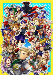 animal animal_ears armor asymmetrical_hair bandaged_leg bandages bandana beanie black_hair blonde_hair blue_eyes blue_hair blue_shorts blue_skin boots braid breasts brown_eyes brown_hair child chrono_cross cleavage coat colored_skin cropped_jacket dario_(chrono_cross) doc_(chrono_cross) double_bun draggy_(chrono_cross) dragon everyone facepaint facial_hair fargo_(chrono_cross) full_body funguy_(chrono_cross) glasses glenn_(chrono_cross) gloves greco_(chrono_cross) green_headwear grey_eyes grey_hair grin grobyc_(chrono_cross) guile_(chrono_cross) hair_between_eyes hair_bun hairband harle_(chrono_cross) harlequin hat headband holding holding_sword holding_weapon irenes_(chrono_cross) jacket janice_(chrono_cross) jewelry karsh_(chrono_cross) kid_(chrono_cross) korcha_(chrono_cross) leah_(chrono_cross) leena_(chrono_cross) long_sleeves luccia_(chrono_cross) lynx_(chrono_cross) macha_(chrono_cross) marcy_(chrono_cross) mask mel_(chrono_cross) midriff miki_(chrono_cross) miniskirt mojo_(chrono_cross) mouth_mask multi-tied_hair multiple_boys multiple_girls mushroom mustache navel necklace neofio_(chrono_cross) nikki_(chrono_cross) norris_(chrono_cross) o_peco one_eye_closed orange_hair orcha_(chrono_cross) orlha_(chrono_cross) outstretched_arm parent_and_child partially_fingerless_gloves patterned_background pierre_(chrono_cross) pink_eyes pip_(chrono_cross) pointy_ears pointy_hat pointy_nose ponytail poshul_(chrono_cross) purple_hair radius_(chrono_cross) razzly_(chrono_cross) red_bandana red_hair red_jacket riddel_(chrono_cross) serge_(chrono_cross) short_hair shorts shoulder_armor skeleton skelly_(chrono_cross) skirt small_breasts smile sneff_(chrono_cross) sprigg_(chrono_cross) starky_(chrono_cross) steena_(chrono_cross) sword teeth turnip_(chrono_cross) twintails upper_body van_(chrono_cross) viper_(chrono_cross) wavy_hair weapon white_coat wrestling_mask wrestling_outfit zappa_(chrono_cross) zoah_(chrono_cross)