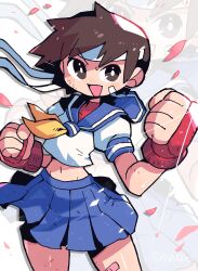 Rule 34 | 1girl, absurdres, blue sailor collar, breasts, brown eyes, brown hair, cherry blossoms, clenched hands, contrapposto, determined, fingerless gloves, gloves, headband, highres, justice gakuen, kasugano sakura, looking at viewer, medium breasts, midriff, mixed-language commentary, open mouth, rariatto (ganguri), sailor collar, school uniform, serafuku, shiritsu justice gakuen, short hair, skirt, smile, solo, street fighter, street fighter v, street fighter zero (series), zoom layer