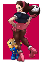 Rule 34 | 1girl, ass, brown hair, brown pantyhose, cannonball, commentary request, dress, earrings, from behind, full body, gloves, green eyes, hair slicked back, hairband, hiding, hiding behind another, high heels, jacket, jewelry, looking at viewer, mega man (series), mega man legends, mega man legends (series), pantyhose, pink dress, pink gloves, pink hairband, robot, servbot (mega man), shiny forehead, short-sleeved jacket, short sleeves, shy, sideways mouth, signature, simple background, skull earrings, skull print, thong, tron bonne (mega man), twitter username, v-shaped eyebrows, zkn