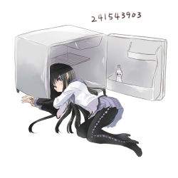 Rule 34 | 10s, 1girl, 241543903, akemi homura, akemi homura (magical girl), bad id, bad pixiv id, black hair, bottle, drink, female focus, hairband, high heels, in container, kyabechi, long hair, lying, magical girl, mahou shoujo madoka magica, mahou shoujo madoka magica (anime), meme, on side, pantyhose, purple eyes, refrigerator, simple background, solo, soul gem