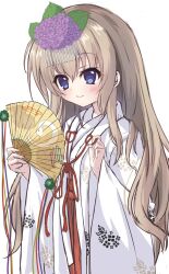 Rule 34 | 1girl, 9-nine-, alternate costume, blue eyes, blush, brown hair, closed mouth, commentary request, cowboy shot, eyes visible through hair, flower, folding fan, hair between eyes, hair flower, hair ornament, hair over shoulder, hand fan, hands up, highres, holding, holding fan, japanese clothes, kimono, kujou miyako, leaf hair ornament, long hair, long sleeves, looking at viewer, miko, purple flower, sidelocks, simple background, sketch, smile, solo, tassel, tatika714, very long hair, white background, white kimono, wide sleeves