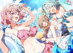 3girls ^_^ amaori_renako aqua_hair ball belly bikini breasts brown_hair cleavage closed_eyes cloud copyright_name earrings hair_ornament holding holding_ball holding_swim_ring innertube jewelry koyanagi_kaho multiple_girls navel official_art one_eye_closed pink_hair second-party_source sena_ajisai sky smile sunlight swim_ring swimsuit takeshima_eku watashi_ga_koibito_ni_nareru_wake_naijan_murimuri! water water_slide x_hair_ornament