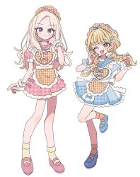2girls apron blonde_hair blue_dress blue_sailor_collar blue_shoes blush braid closed_mouth dress fang frilled_wrist_cuffs frills fujita_kotone full_body gakuen_idolmaster hand_up hands_up highres holding holding_own_hair idolmaster juo_sena long_hair looking_at_viewer low_twin_braids maid_headdress multicolored_hair multiple_girls one_eye_closed open_mouth pink_dress pink_sailor_collar pink_shoes pink_streaks plaid_apron plaid_clothes plaid_dress pnt_0202 puffy_short_sleeves puffy_sleeves purple_eyes sailor_collar sailor_dress shoes short_sleeves simple_background smile socks standing standing_on_one_leg streaked_hair twin_braids white_background white_wrist_cuffs wrist_cuffs yellow_apron yellow_eyes yellow_socks
