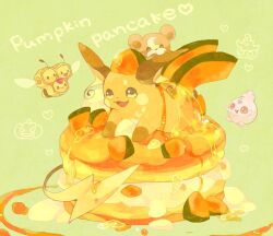:3 animal_focus animal_hands bear bee brown_eyes bug combee creatures_(company) food fruit game_freak gen_1_pokemon gen_2_pokemon gen_4_pokemon green_background heart honeydew_(fruit) igglybuff insect looking_to_the_side maple_syrup melon nintendo no_humans open_mouth orange_fur pancake pokemon pokemon_(creature) raichu simple_background solo_focus souffle_pancake sukinadake teddiursa whipped_cream yellow_fur