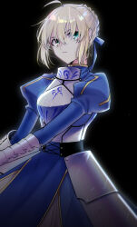 Rule 34 | 1girl, ahoge, armor, armored dress, artoria pendragon (fate), black background, blonde hair, blue dress, blue ribbon, breastplate, bun with braided base, closed mouth, cowboy shot, dress, fate/stay night, fate (series), frown, fukusuu (zeonms 06s), gauntlets, glowing, glowing weapon, green eyes, hair between eyes, hair ribbon, holding, holding weapon, juliet sleeves, long sleeves, looking at viewer, puffy sleeves, ribbon, saber (fate), short hair, simple background, solo, standing, weapon