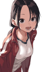 1girl absurdres black_hair breasts commentary_request gym_shirt highres jacket looking_at_viewer manemane_nichinichi medium_breasts nagisa_akane open_mouth red_jacket shirt short_hair simple_background solo track_jacket white_background yamamoto_souichirou