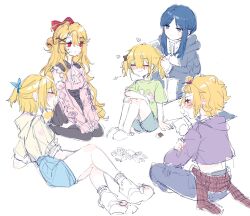 5girls add1ct1on aged_down bandaid bari_(project_moon) black_coat blonde_hair blue_eyes blue_hair blush brushing_hair coat collared_shirt contemporary don_quixote_(project_moon) dual_persona highres jacket limbus_company long_hair long_sleeves multiple_girls necktie open_mouth pants ponytail project_moon red_eyes shirt short_hair short_twintails sidelocks simple_background smile twintails very_long_hair white_background yearning-mircalla_(e.g.o)