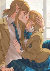 Rule 34 | 1boy, 1girl, alternate costume, blush, bow, bowtie, collared shirt, contemporary, earrings, green bow, green bowtie, green necktie, green pants, hetero, jacket, jewelry, kiss, link, necktie, nintendo, open clothes, open jacket, pants, plaid clothes, plaid pants, plaid skirt, ponytail, princess zelda, school uniform, seri (yuukasakura), shirt, skirt, the legend of zelda, the legend of zelda: tears of the kingdom, triforce, triforce print